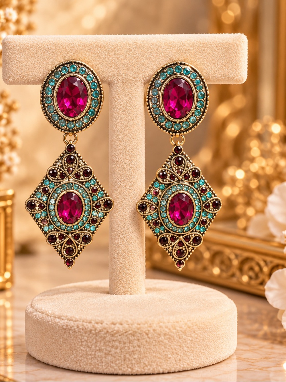 Gold-Tone Magenta & Turquoise Drop Earrings
